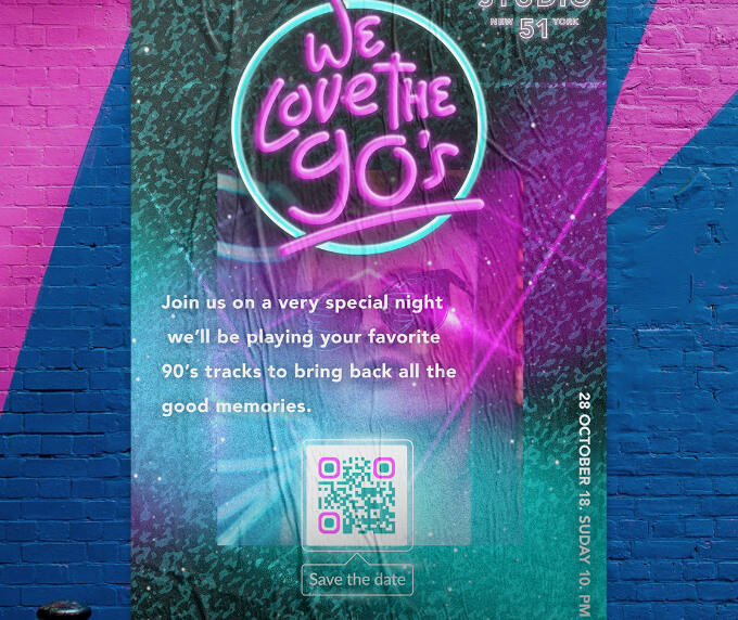 Event poster with a QR Code that lets customers save event details to their smartphone calendars.