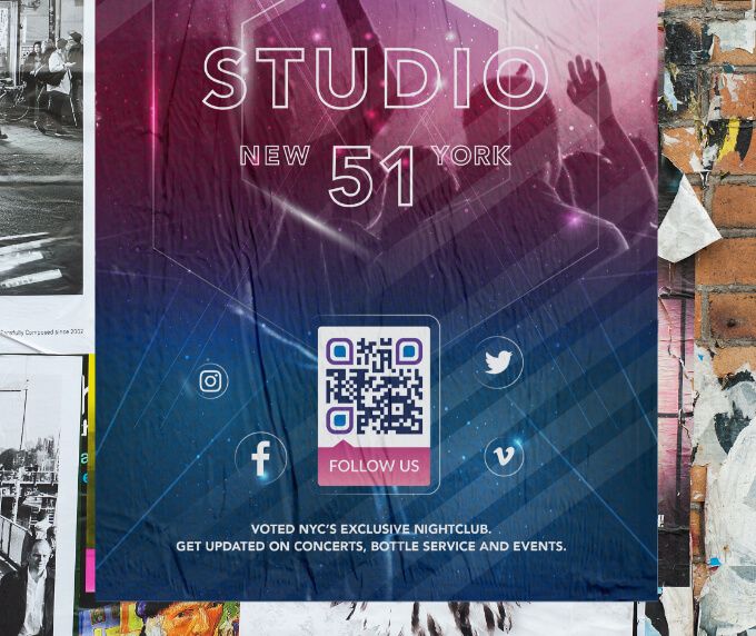 Event poster of a nightclub with a QR Code that links to all their social media channels on one page.