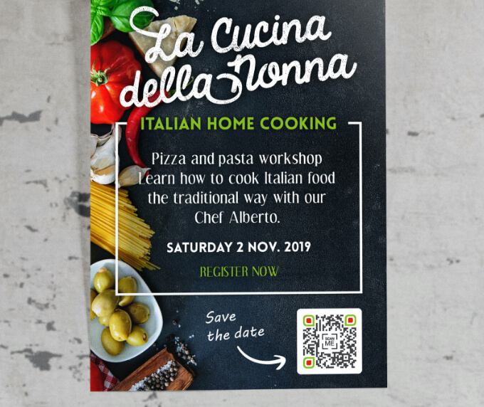 Event poster of a restaurant with a QR Code that lets customers save event details to their smartphone calendars.
