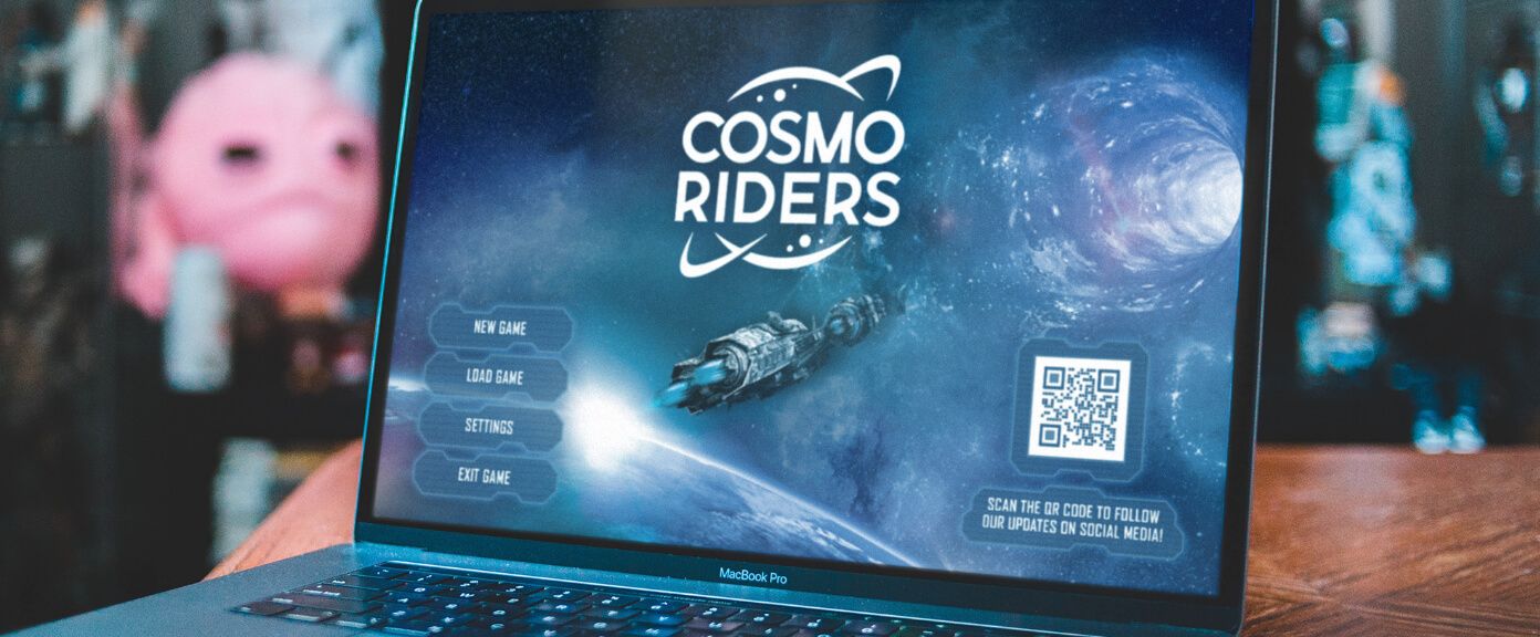 Home screen of the game Cosmo Rider with a QR Code inviting players to follow updates on social media.