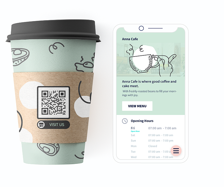 QR Code idea on a coffee cup with a landing page that advertises detailed business information